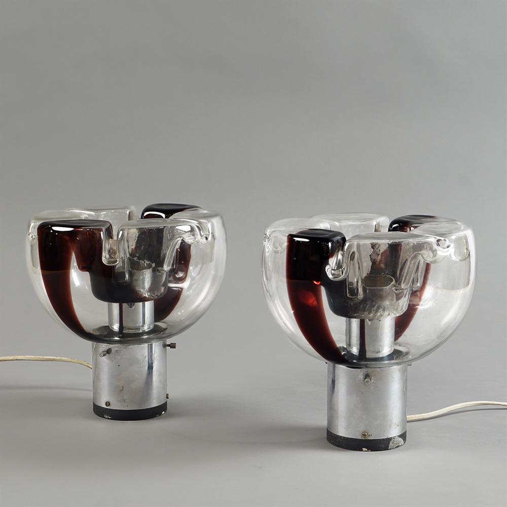 Esperia (2): Italy, 1970s, h. 21 cm., pair of polished steel, transparent and colored glass table lamps