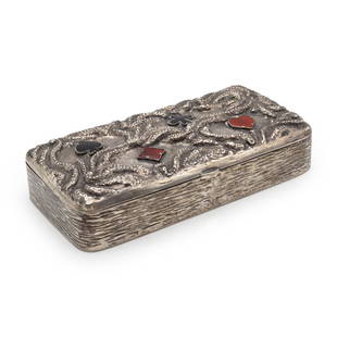 Arrigo Finzi, silver playing card box: Italy, 1940s, 4x20x9.5 cm., rectangular shape, decorated with carnelian and onyx elements, signed, weight 420 gr.