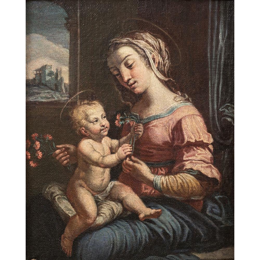 Gaspare Diziani, circle of: Belluno 1689 - Venice 1767, 38x30 cm., "Madonna dei garnofani", oil on canvas, within a carved wooden frame