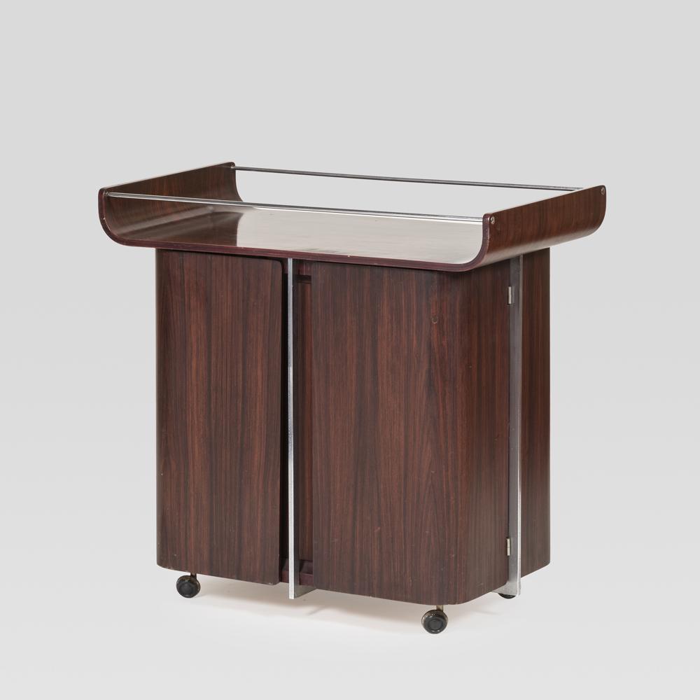 Italian manufacture: 1960/70s, 75x78x44 cm., wood and steel bar cabinet