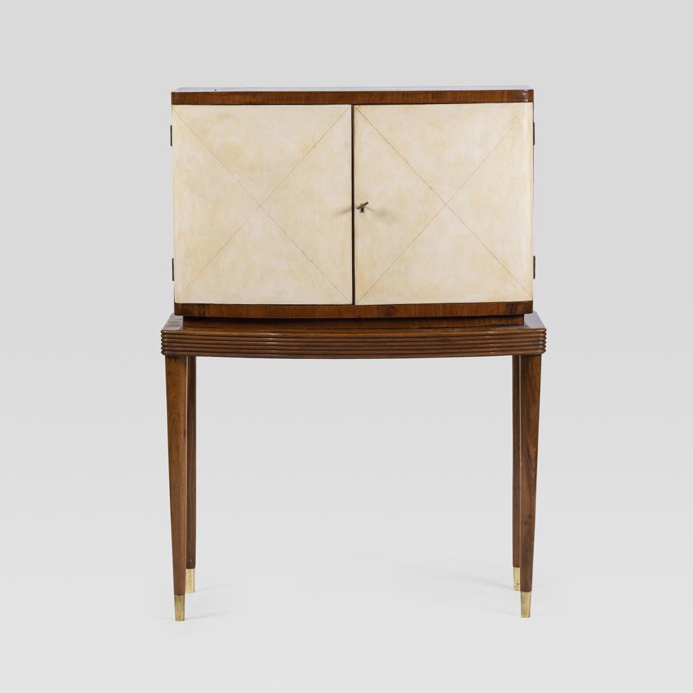 Italian manufacture: 1950s, 120x85x33 cm., wood, parchment, glass and mirrored glass bar cabinet