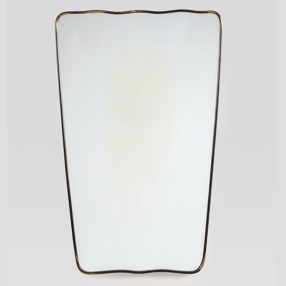 Italian manufacture: 1950s, 72x45.5cm., wall mirror in wood, brass and mirrored glass, defects