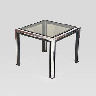 Nucci Valsecchi: 1970s, 50x60x60, steel, brass and fumè glass coffee table