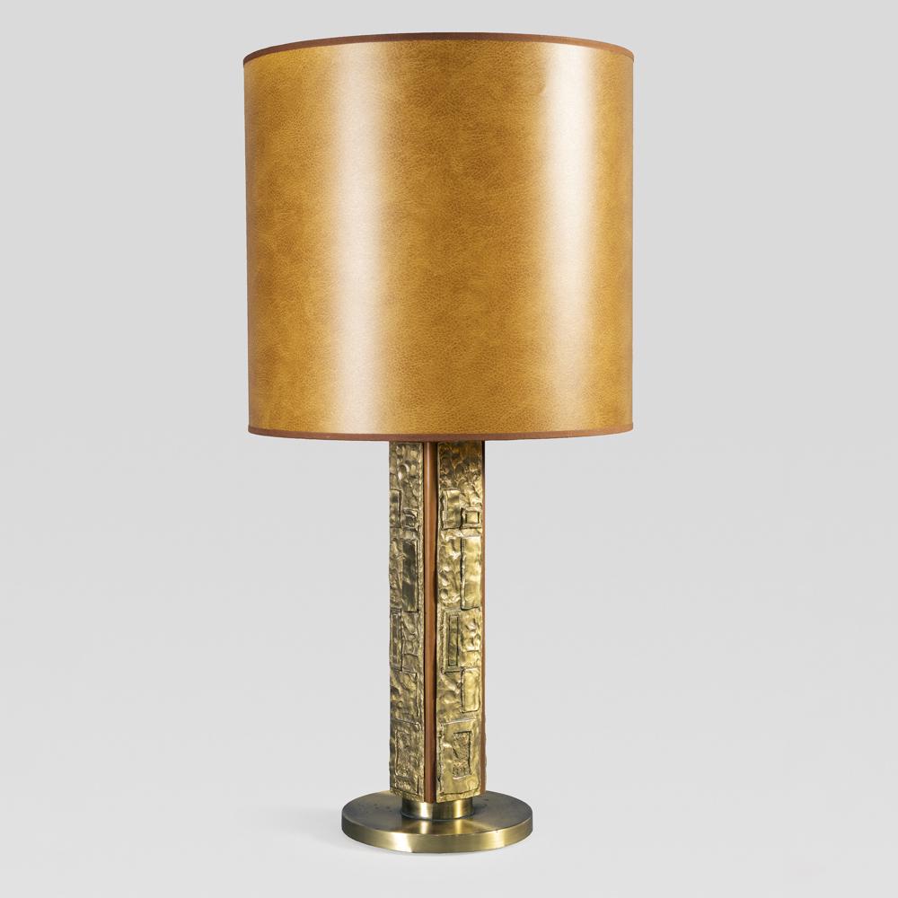 Angelo Brotto, prod. Esperia: Italy, 1970s, h. 81cms., Margot mod. table lamp in brass and wood, plasticized lampshade, signed