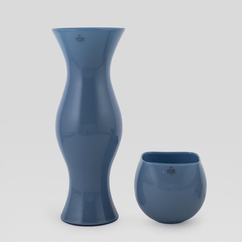 Peter Svarrer, prod. Holmegaard (2): Denmark, 1990s, h. 32.5-11cm., two blue opaline glass vases from the Mellem series, production label