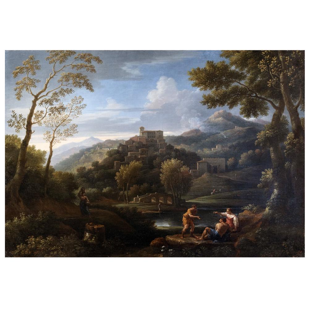Jan Frans van Bloemen, called l'Orizzonte, and Placido Costanzi: Anversa 1662-Rome 1749, Naples 1690-Rome 1759, 100x138 cm., "Landscape of the Roman countryside with classical figures", oil on canvas
