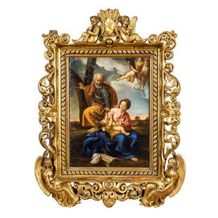 Simone Cantarini, copy from: 19th century, 44x33cm., "Rest on the Flight into Egypt", oil on canvas, within a carved and carved giltwood frame