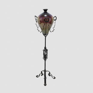 Umberto Bellotto: Murano, 1920s, 125x35 cm., wrought iron stand with iridescent glass vase produced. MVM Cappellin