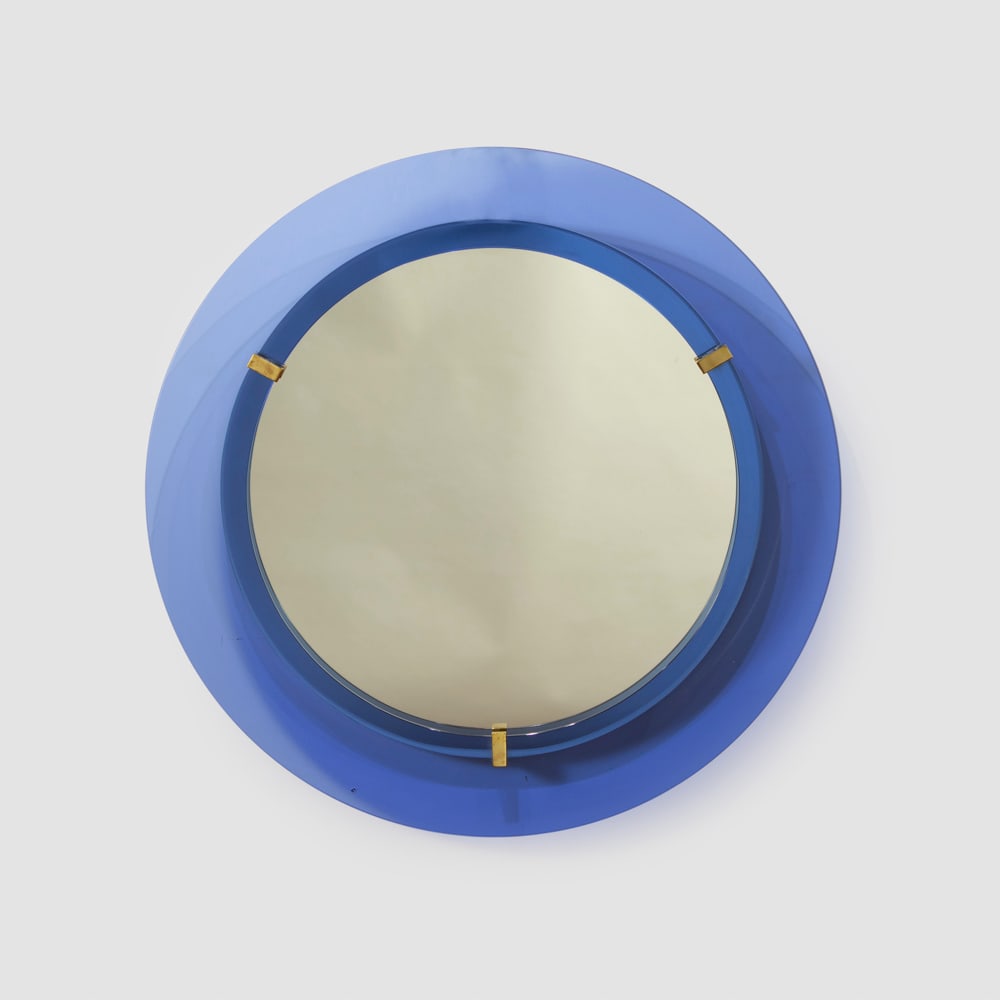 Prod. Veca: Italy, 1960s, d. 70cm., brass, colored glass and mirrored glass wall mirror, production label