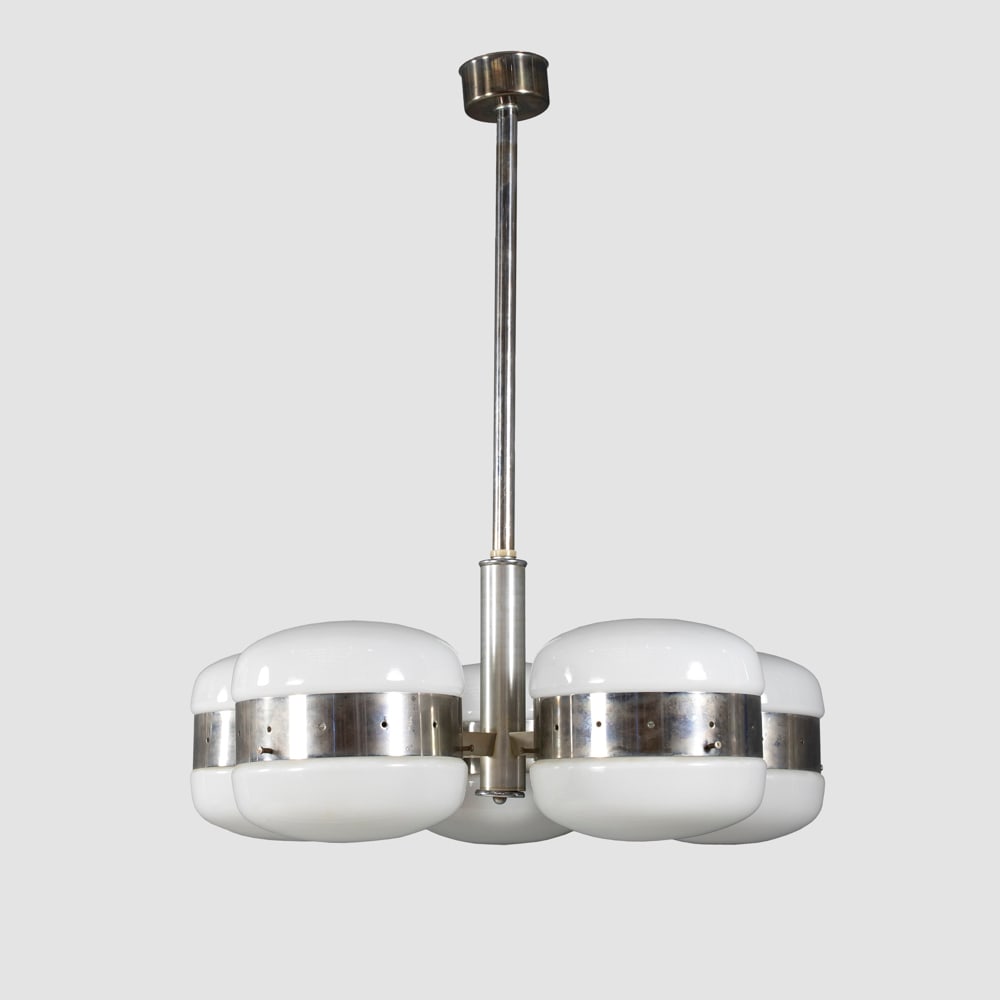 Italian manufacture: 1970s, 84x74 cm., chromed steel and opal glass pendant lamp, slight wears