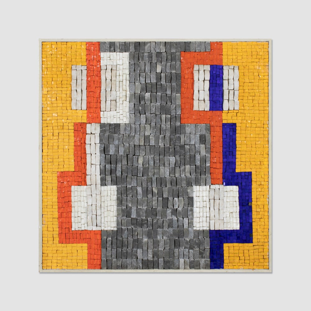 Italian manufacture: 1970s, 72x72x3 cm., decorative panel with mosaic and wood