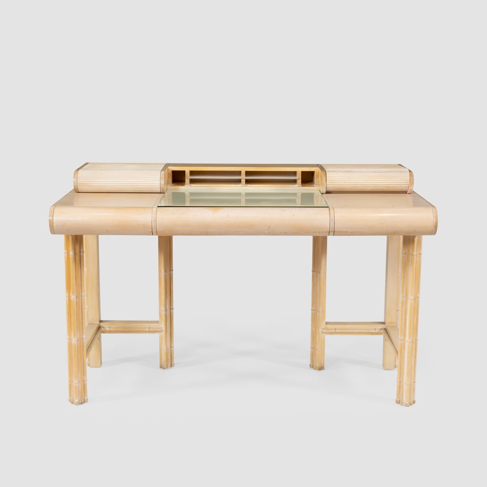 Umberto Asnago e Franco Pozzi, prod. Giorgetti: Italy, 1982, 82x125x63 cm., wood, glass and leather desk, slight defects Literature: G. Gramigna, Repertorio del design italiano 1950-2000 per l'arredamento domestico, Volume II, Allemandi, Torino 202