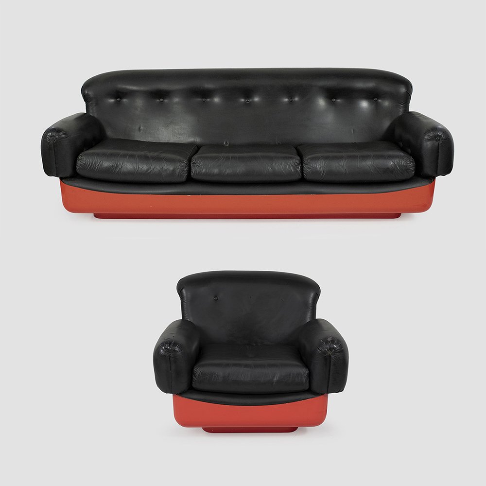 Italian manufacture (2): 1970s, Sofa 74x205x82 - armchair 74x87x82 cm., living room comprising a sofa and one armchair in ABS and faux leather, defects