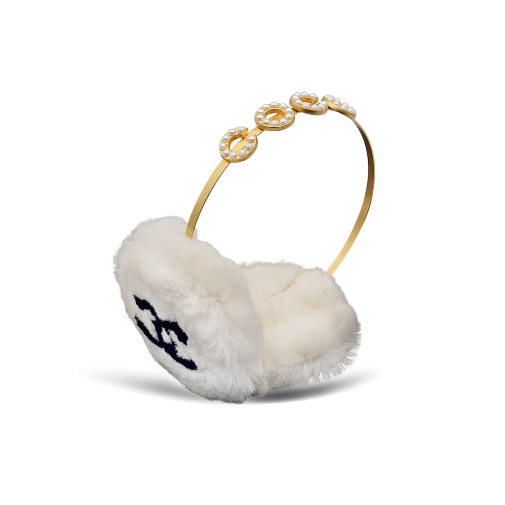 Chanel Haute Couture vintage, ear muffs: Chanel Haute Couture vintage, ear muffs2001, , in white fox with black logo and golden metal and pearl headband, complete with box and guarantee