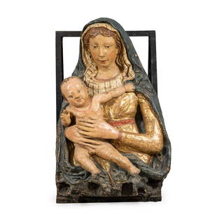 Lorenzo Ghiberti, attributed: Pelago 1378 - Florence 1455, 70x47x20 cm., "Madonna with Child", polychrome terracotta sculpture