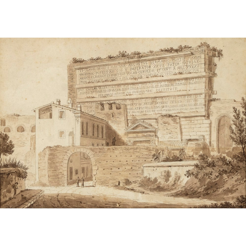 Gaspar Van Wittel: Amersfoort 1653 - Rome 1736, 17x24 cm., "View of Porta Maggiore a Roma", mixed media drawing on paper, framed
