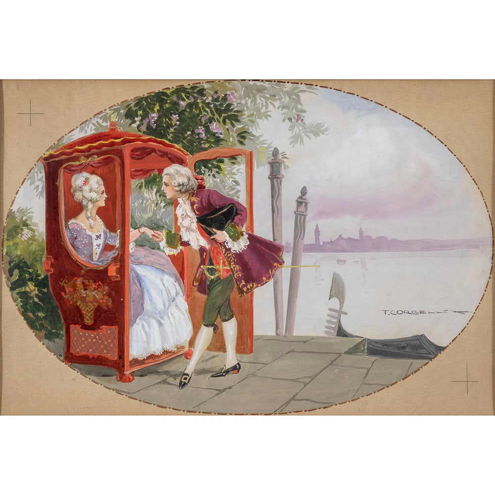 Tito Corbella: Pontremoli 1885 - Rome 1966, 37x55 cm., "Scena galante a Venezia", watercolor on paper, signed lower right, within a 54.5 cm frame.
