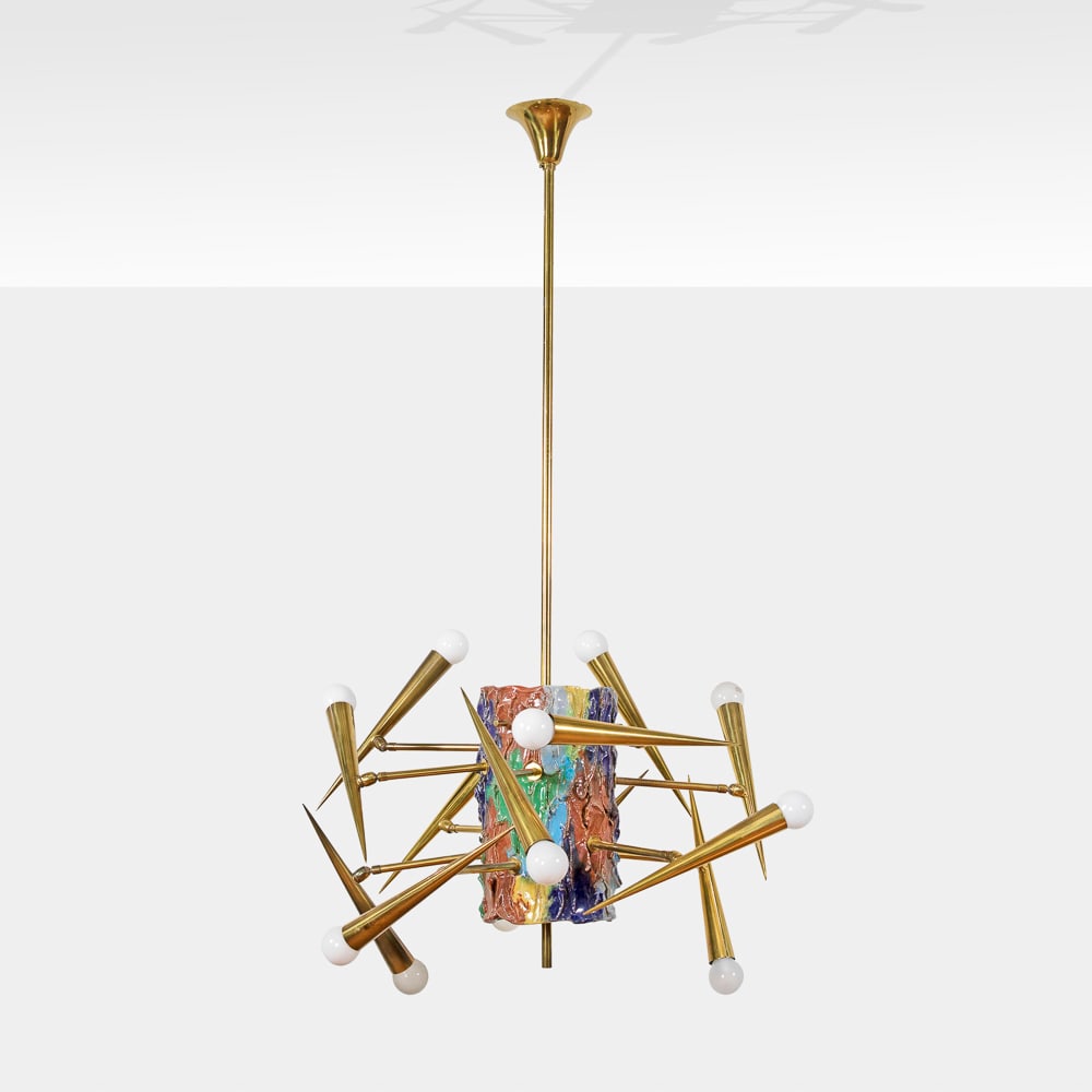 Angelo Brotto, prod. Esperia: Italy, 60s, h. 105cm., brass and glazed ceramic suspension lamp