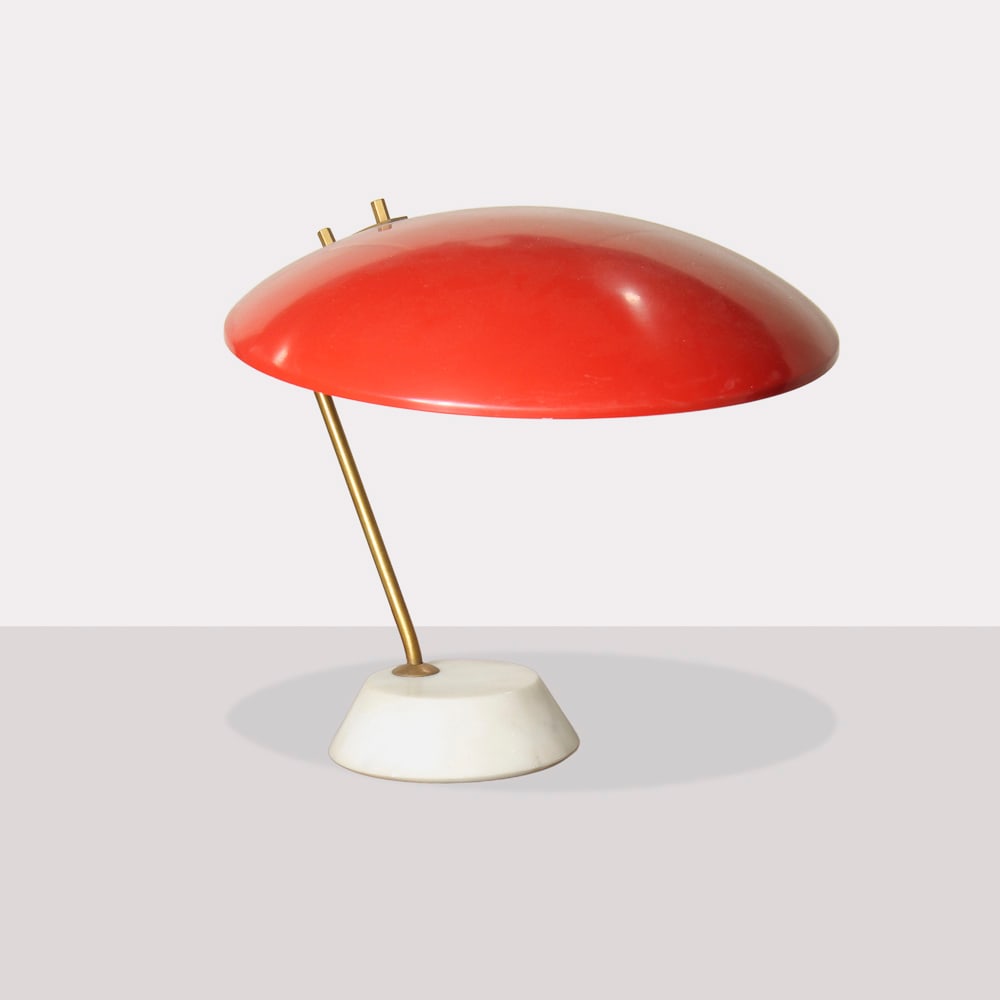Bruno Gatta, prod. Stilnovo: Italy, 1960s, 34x38 cm., 8023 mod. in brass, painted metal and marble base,table lamp, production label