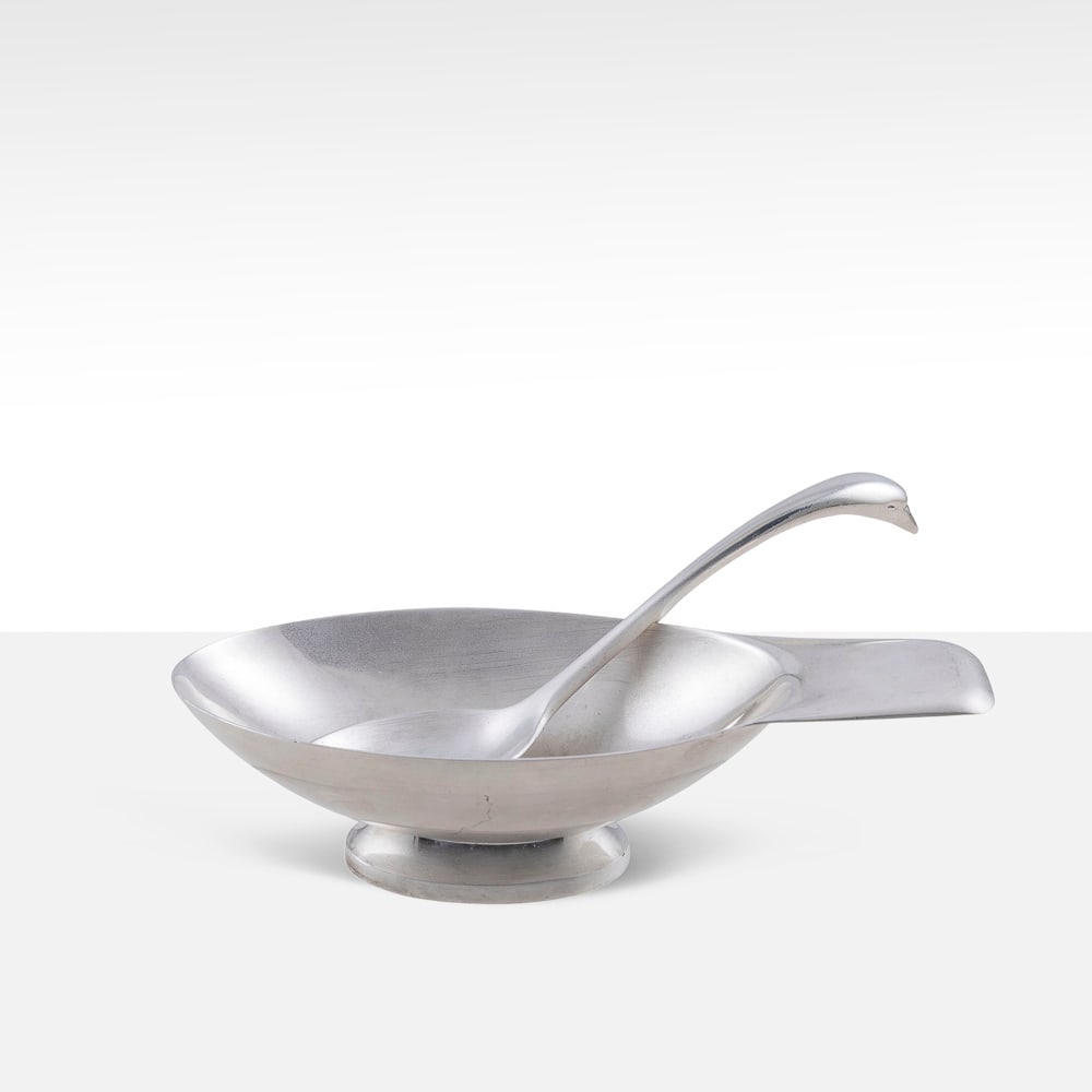 Christian Fjerdingstad, prod. Christofle: France, 1930/40s, 6x21x10 cm., gravy boat with strainer, Gallia collection, in silvered metal, production marks