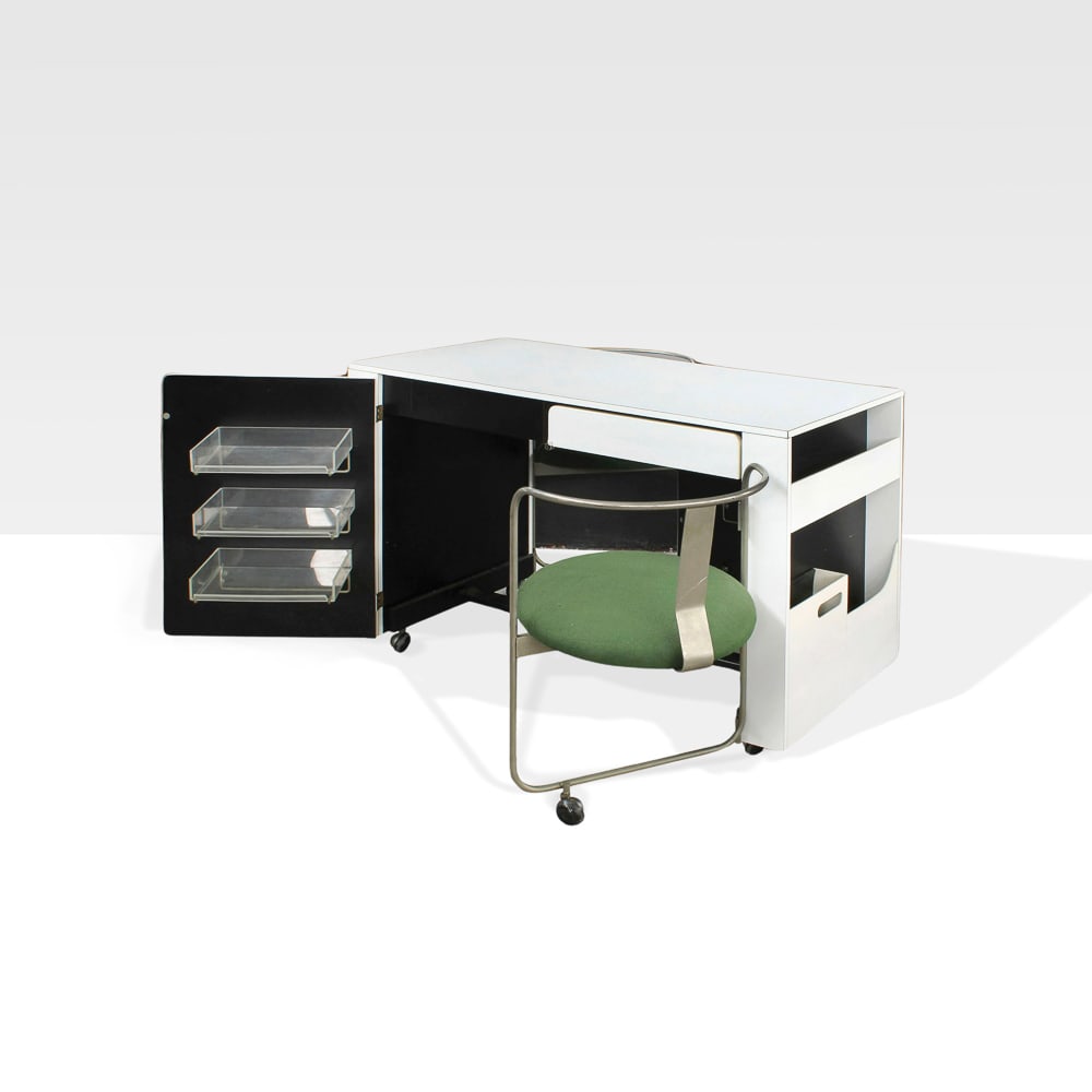 Gio Ponti, prod. Walter Ponti: Italy, 1970 circa, 74x120x116 cm., two-seater desk with integrated chairs A012 mod. Apta series in painted wood, steel, painted steel, chromed steel and vinyl, slight wearsLitearture: Domus, n. 490, p
