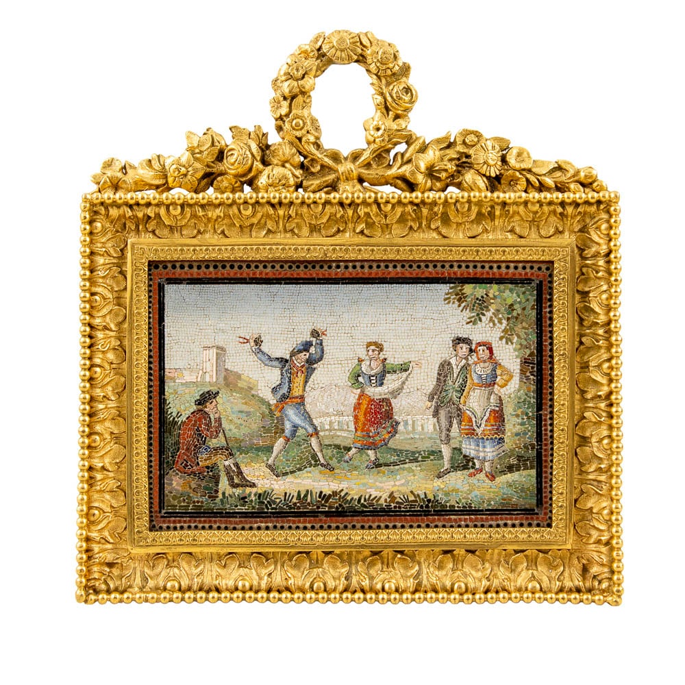 Micromosaic plaque on copper cassina: Rome, 19th century, plaque 10x13.5 cm., rectangular shape depicting "Il saltarello romano", scene taken from the engravings of Bartolomeo Pinelli, bears Aguatti signature, on the back, within a gilded