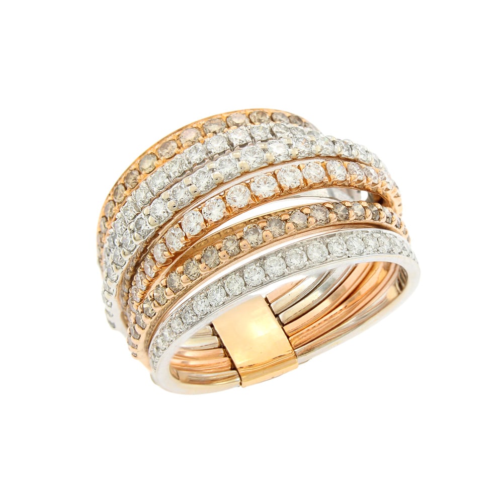 Crivelli 18kt white and rose gold ring: mark AL3130, weight 13 gr., brilliant cut diamonds circa 1.50 ct and brown diamonds circa 0.90 ct, size 17