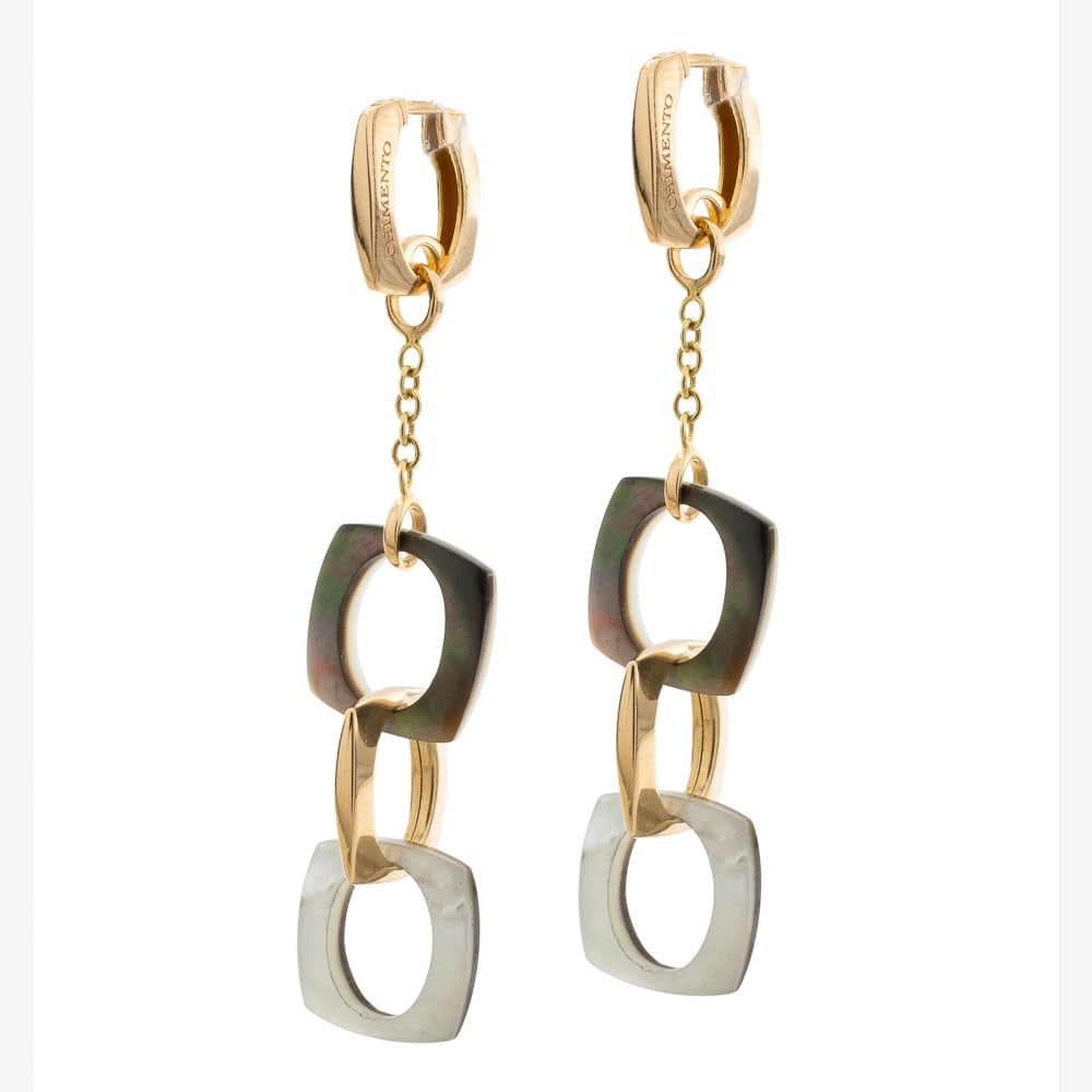 Chimento geometric pattern pendant earrings: signed, weight 8 g., in 18kt rose gold alternating with black and white mother-of-pearl sections, length 6.4 cm.