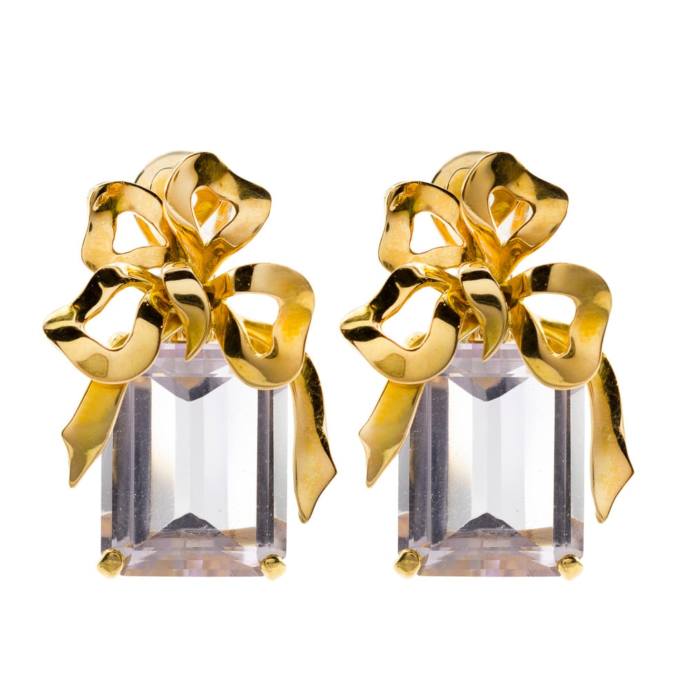 18kt yellow gold bow earrings with hanging amethysts (1 of 1)