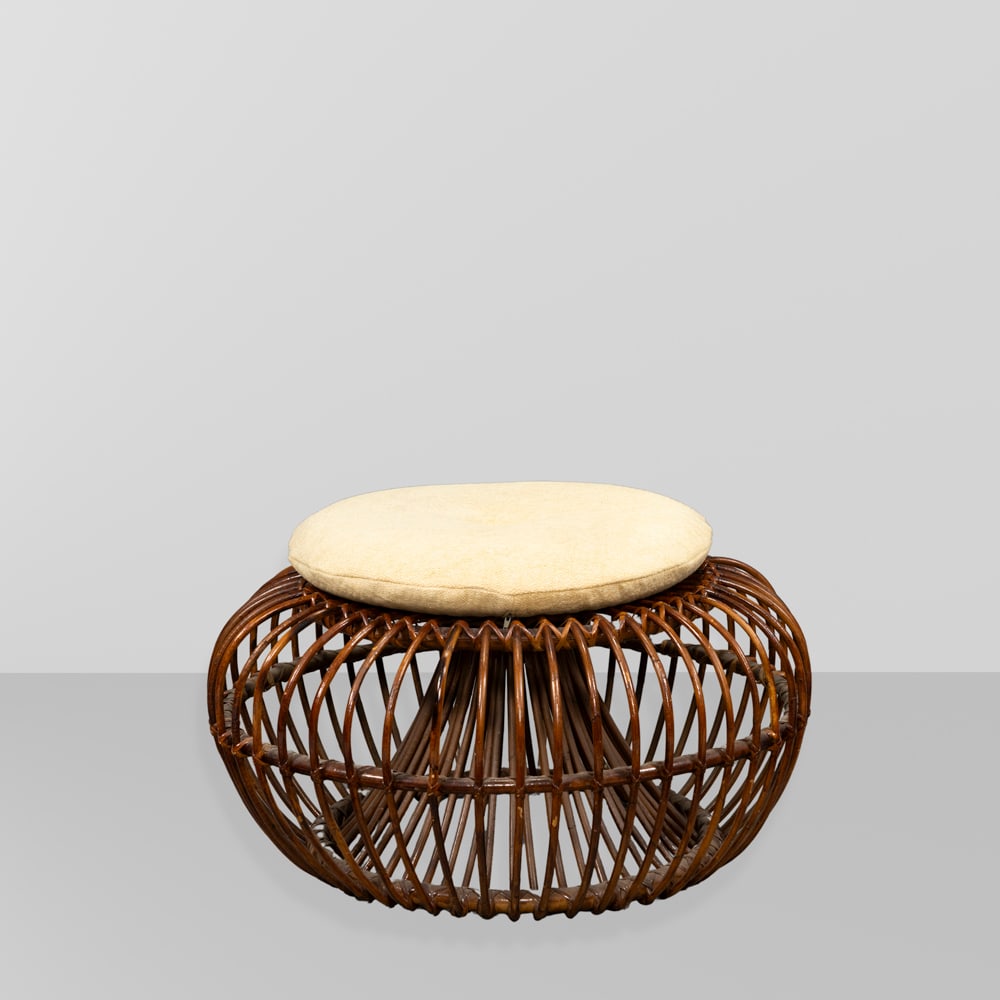 Janine Abraham, prod. Rougier, attributed: Holland, 1950s, 39x64 cm., pouf in wicker, bamboo and padded fabric, slight wears