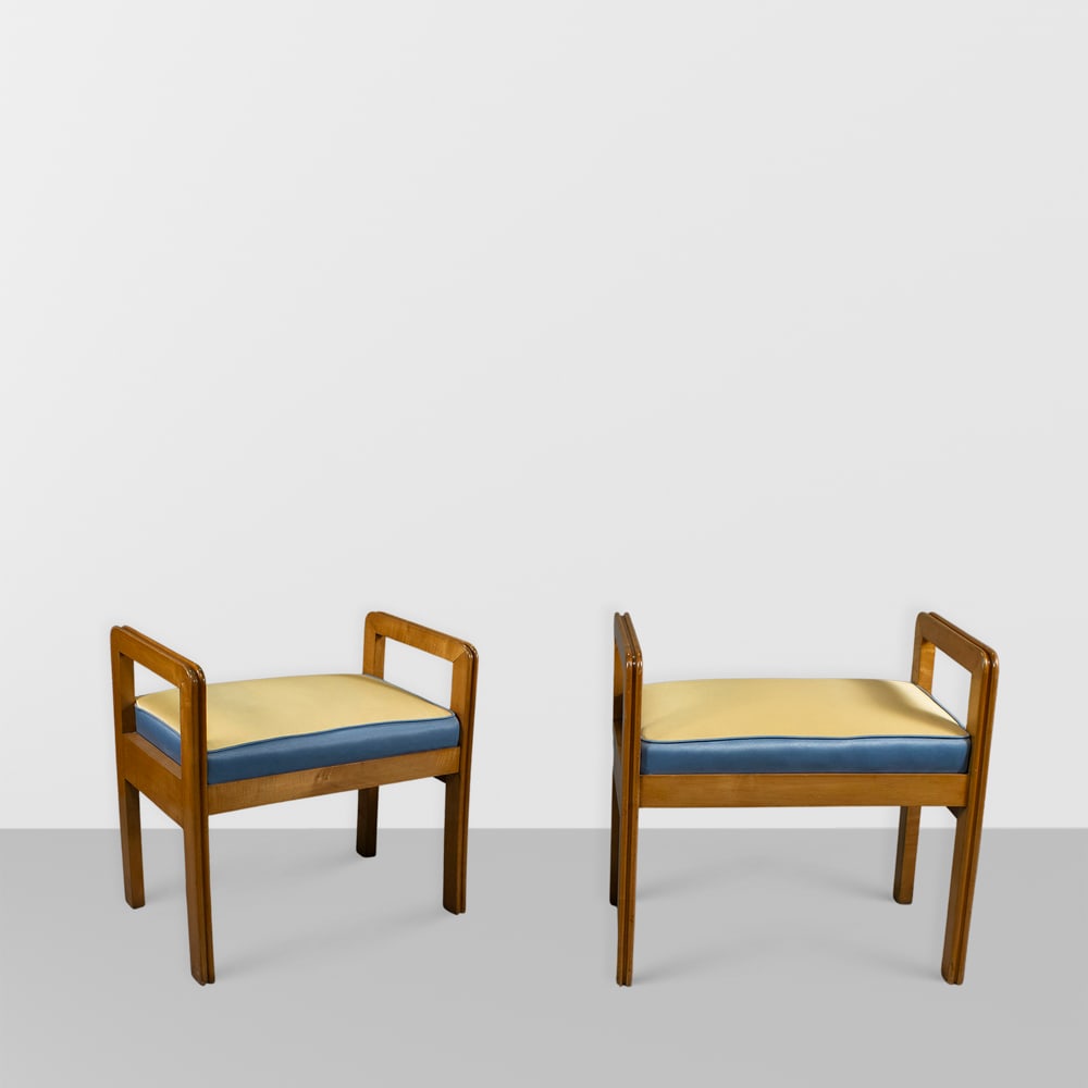 Italian manufacture (2): 1960s, 62x64x37.5 cm., pair of wooden stools and padded fabric, slight wears