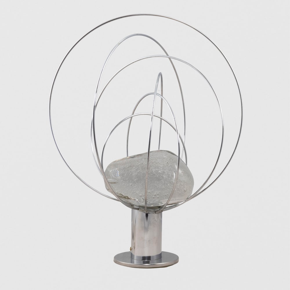 Angelo Brotto, prod. Esperia: Italy, 1970s, h. 65 cm., Chromed metal and transparent glass table Barnaba mod. lamp