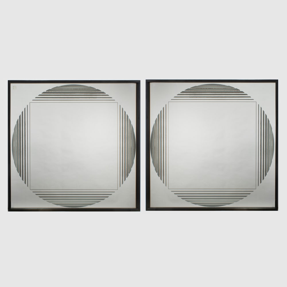 Gianni Celada, prod. Fontana Arte (2): Italy, 1970s, 74x74x7 cm., Pair of Brama mod. backlit mirrors in mirrored glass, screen printing glass and metal, production label, slight wears