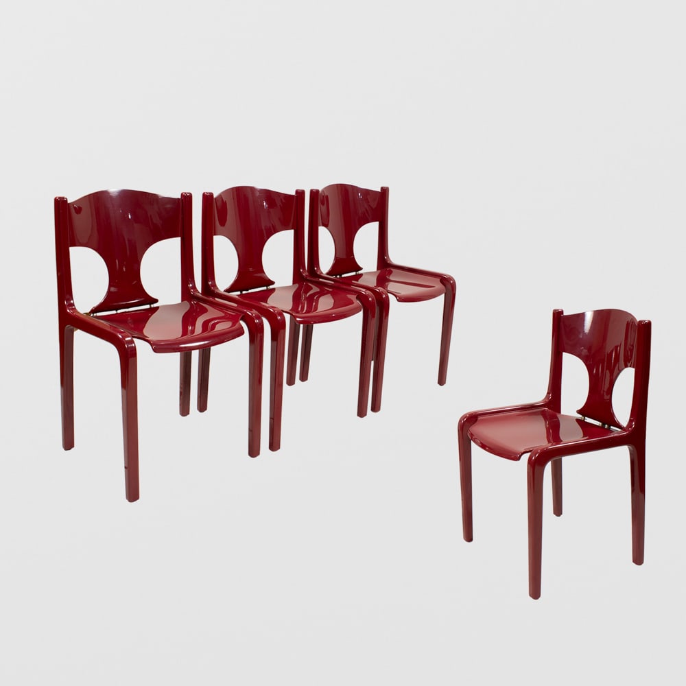 Augusto Savini, prod. Giuseppe Pozzi (4): Italia, 1966, 79x46x50 cm., four chairs in lacquered wood and metal, slight wearsLiterature: Domus 440, page. 51