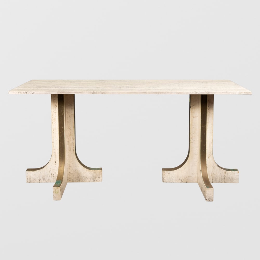 Italian manufacture: 1970s, 74.5x160x50 cm., travertine and brass console, wears