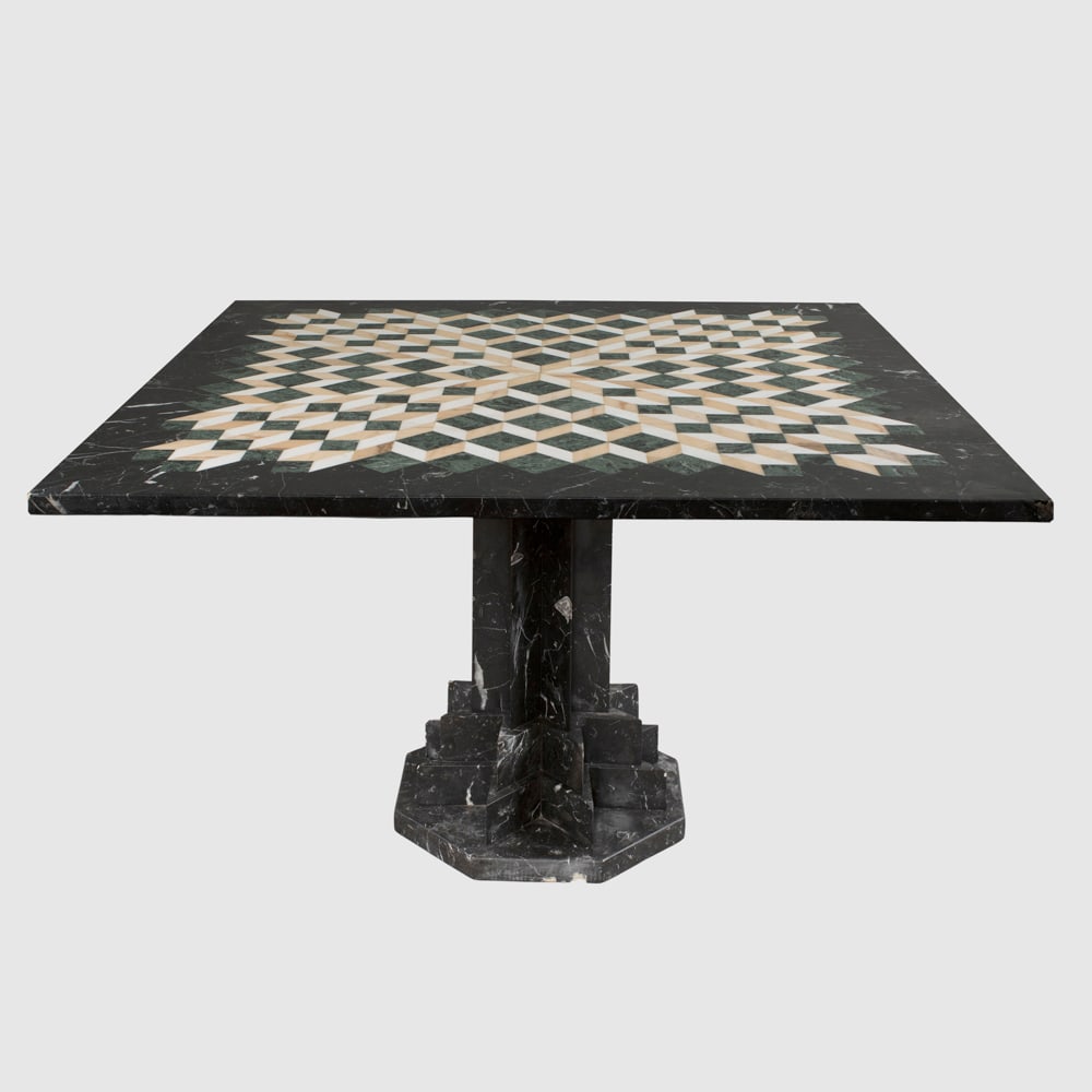 Paolo Portoghesi, prod. Società del Travertino Romano: Italy, 80s, 77x127x127 cm., polychrome marble table, slight defects.Provenance: Galleria d'Arte Apollodoro, Roma