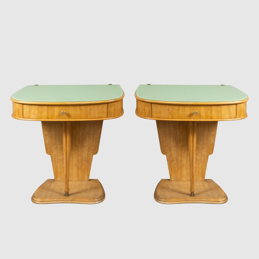Italian manufacture (2): 1950s, 55.5x56x32 cm., Pair of wood, brass and colored glass bedside tables