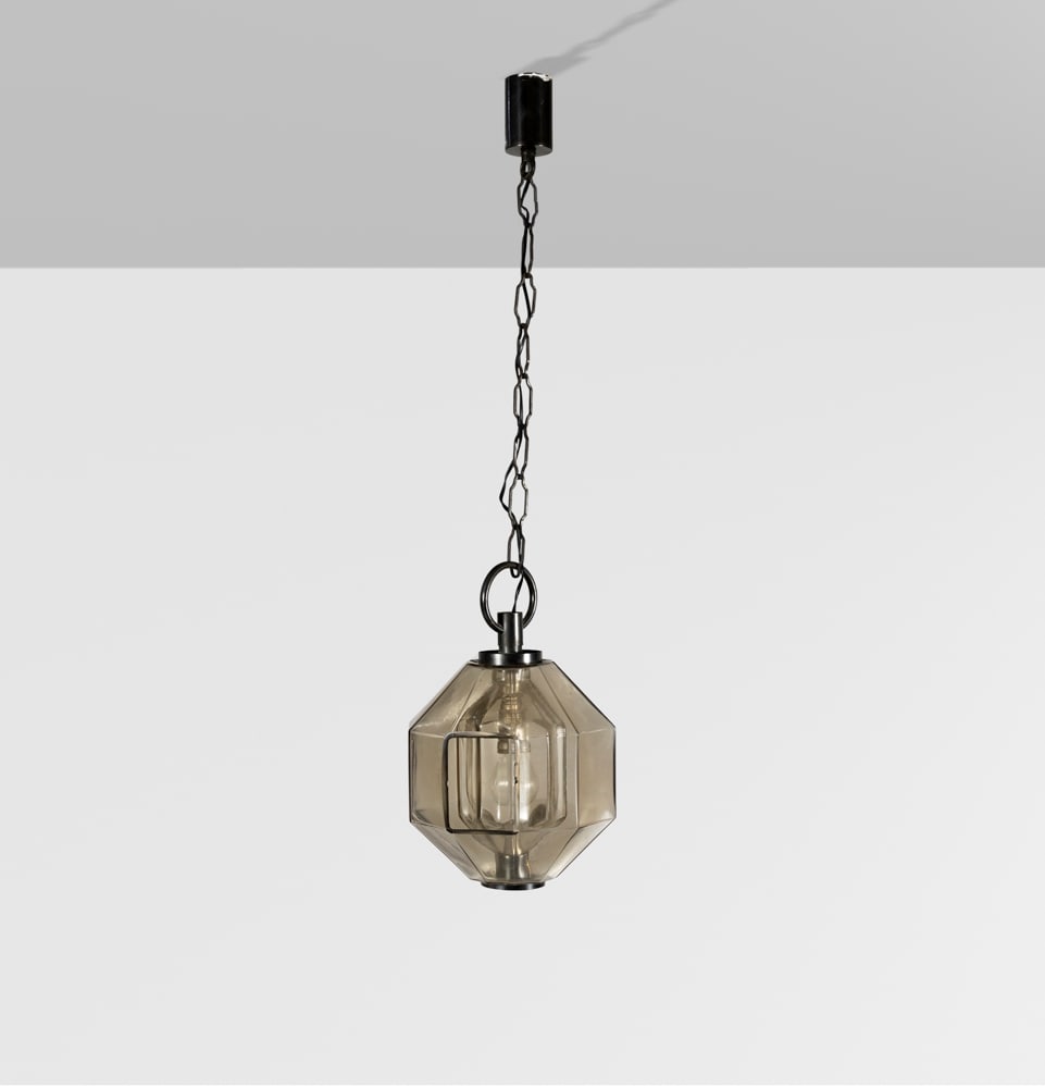 Vinicio Vianello, prod. Vistosi: Murano, circa 1957, h. 82 cm., metal and blown glass suspension lamp, slight defects