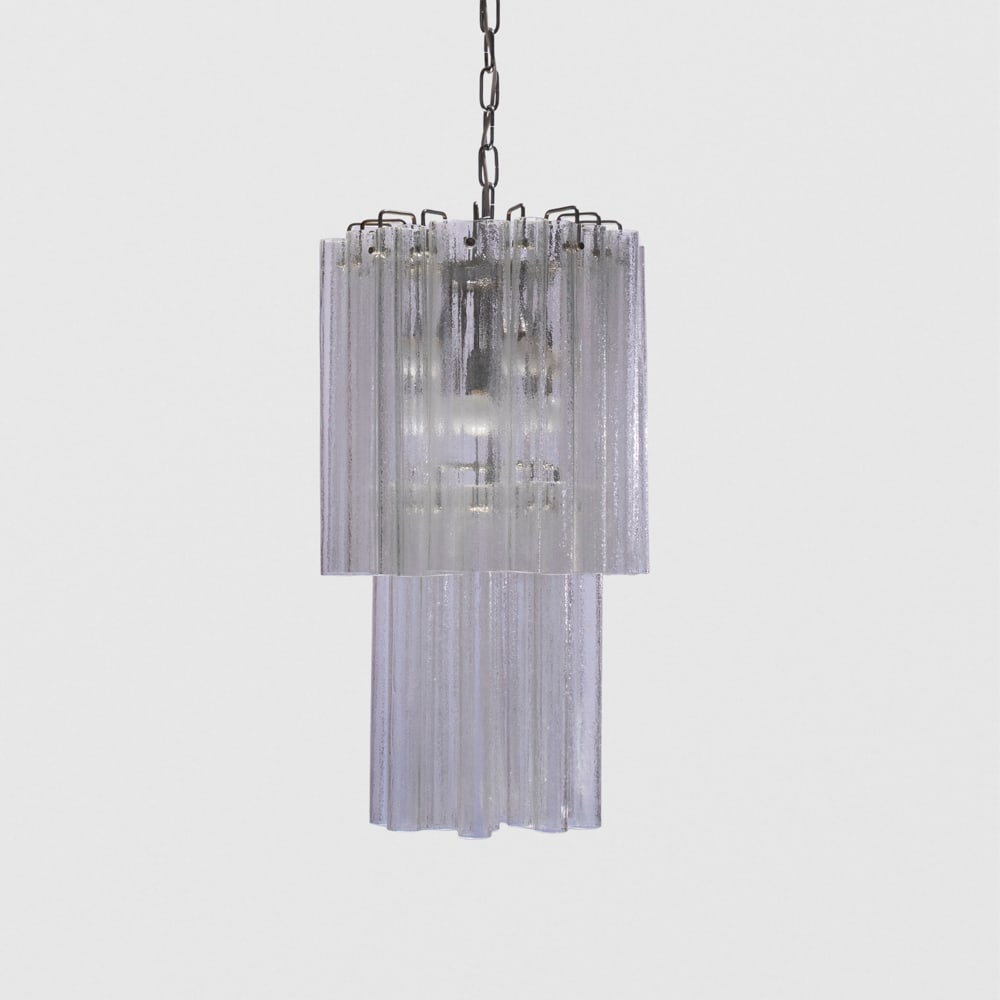 Prod. Barovier & Toso: Murano, 1970s, h. 160 cm., chromed metal and transparent glass suspension lamp, slight defects