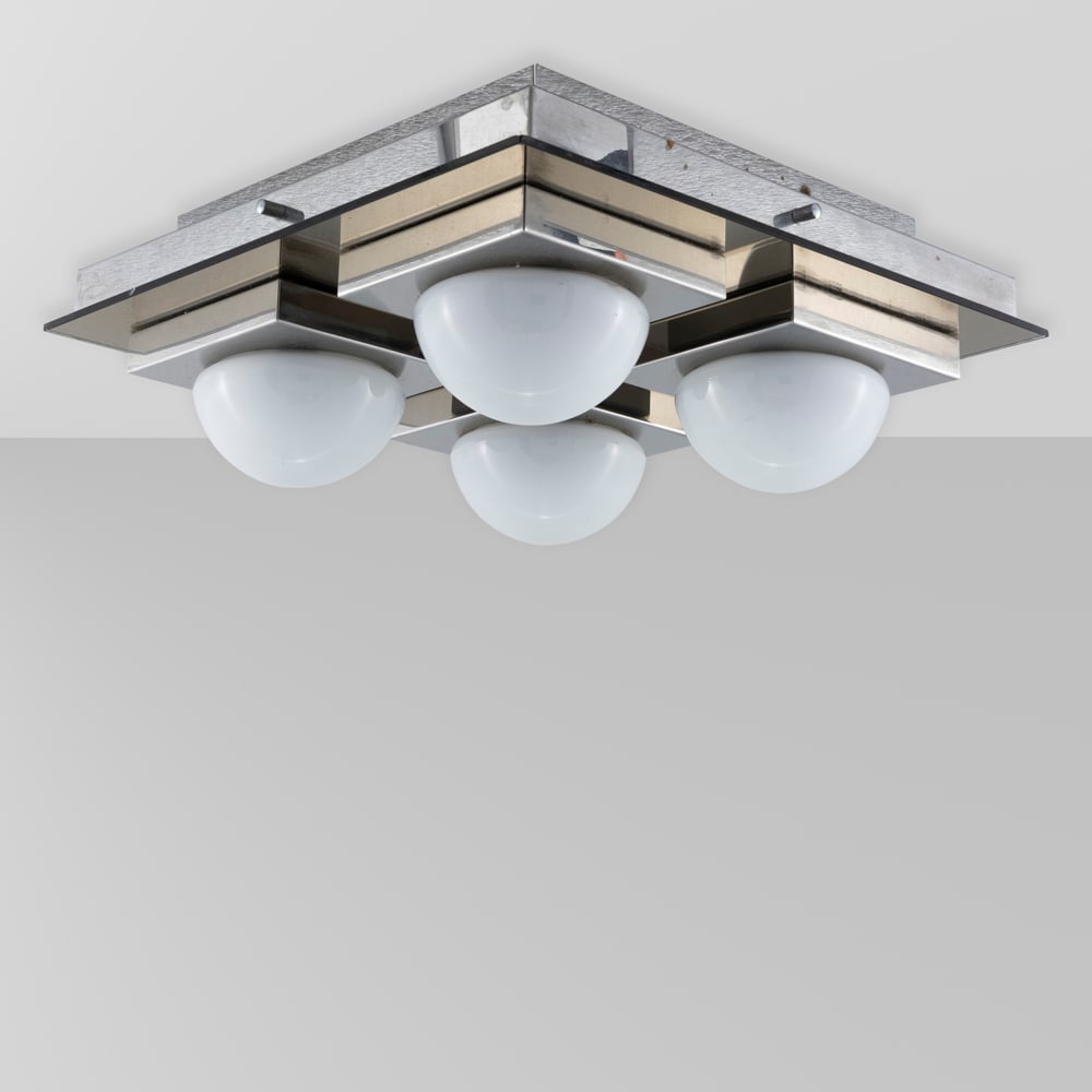 Prod. Veca: Italy, 1970s, 40x40x17 cm., chromed metal and opal glass ceiling lamp