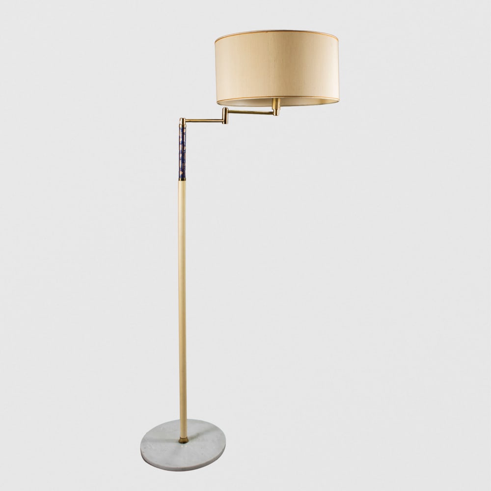 Angelo Brotto, prod. Esperia: Italy, 1960s, h. 170 cm., painted metal, brass, polychrome ceramic and marble base floor lamp, complete with lampshade, slight wears