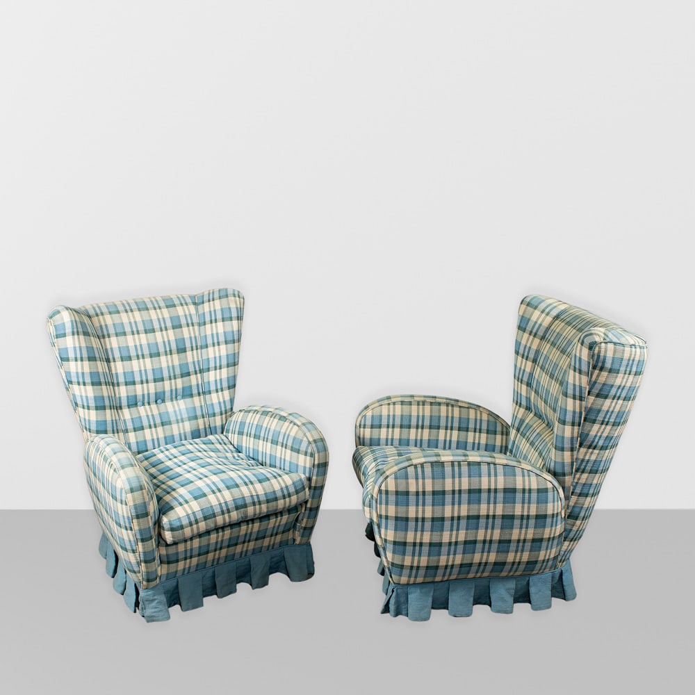 Meroni & Fossati, attributed (2): Italy, 1950s, 91x73x75 cm., pair of wood and padded fabric armchairs