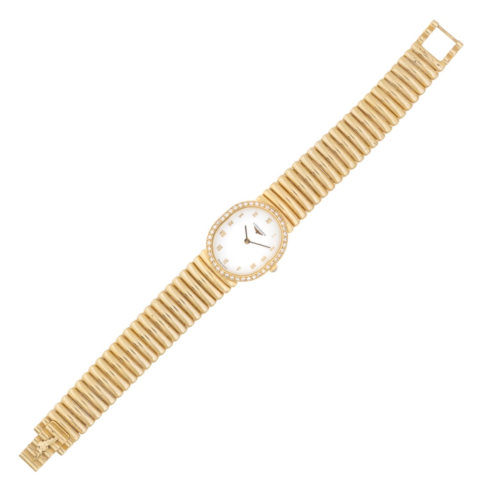Longines: ladies watch, weight 55 gr., in 18kt yellow gold, ref. 5244534 - 5955.32, case 26x22 mm. with brilliant-cut diamonds, white dial with Arabic numerals, quartz movement, ETA caliber 976001, original 18k