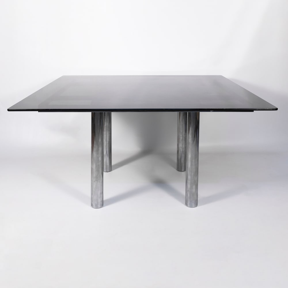 Afra & Tobia Scarpa (Venezia 1935): Prod. Gavina, Italy, 60s, 72x135x135 cm., Andrè mod. table in chromed metal and fume glass, slight wears