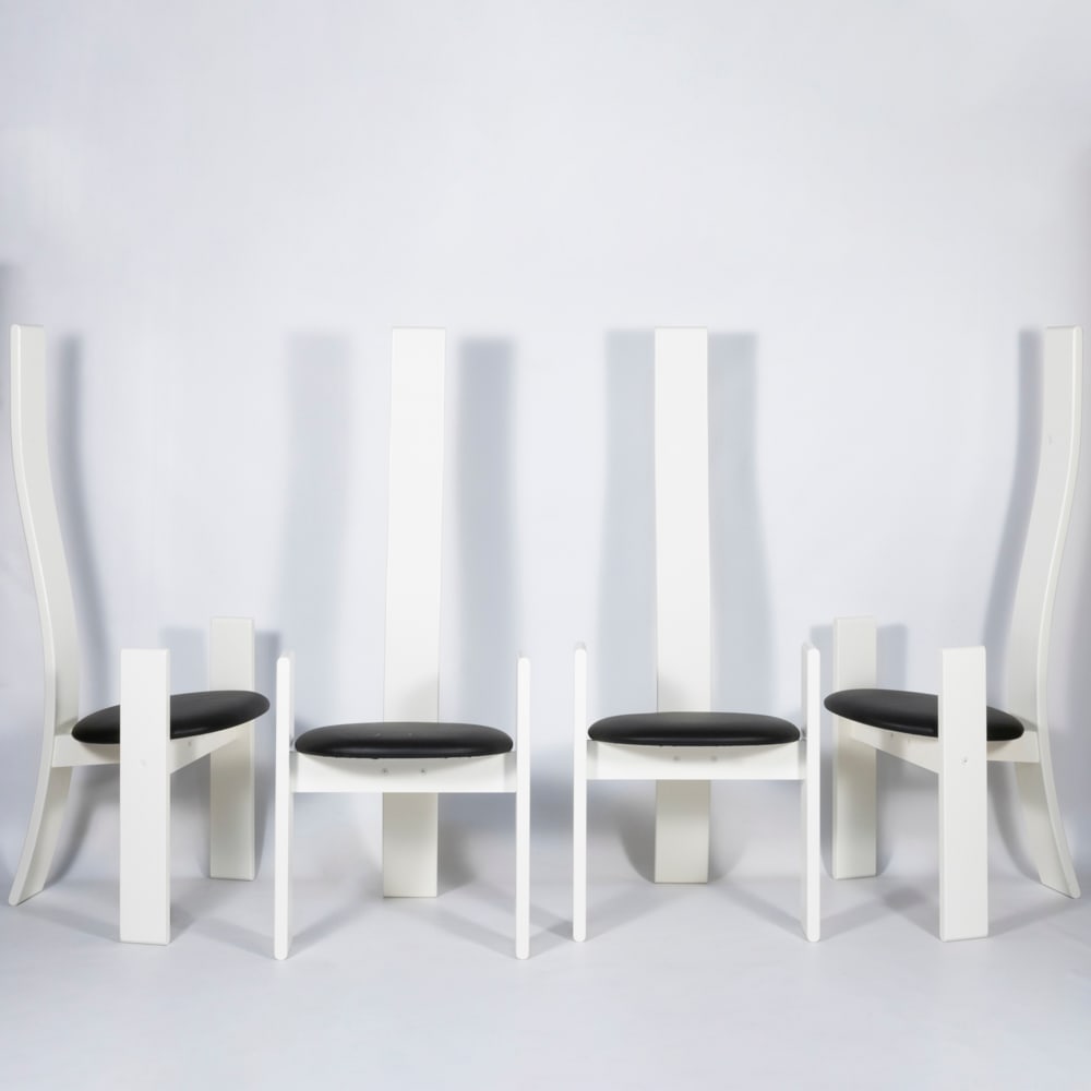 Vico Magistretti (Milano 1920 - 2006): Prod. Poggi, Italy, 1969, 127x50x47 cm., six Golem mod. chairs in lacquered wood and padded leather. Literature: Domus 488, p. 34; Gramigna, pag. 156