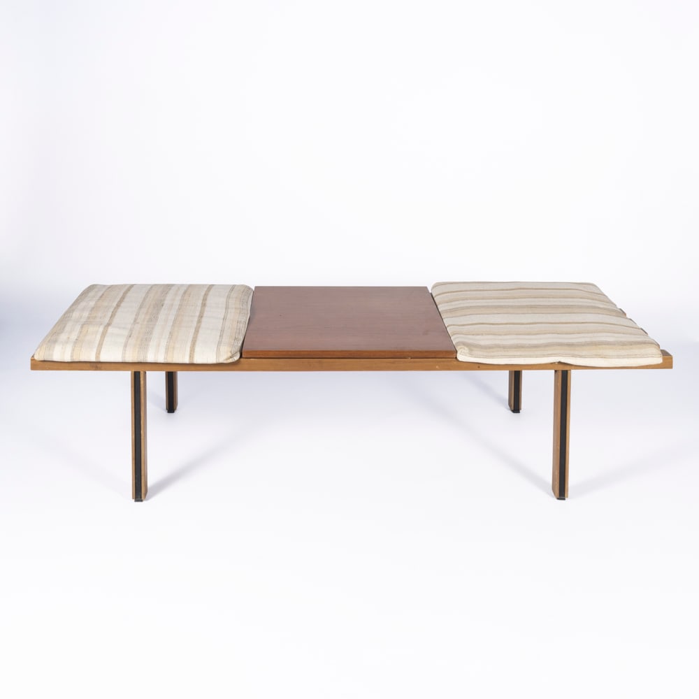 Prod. ISA: Italy, 1960s, 34x150x45 cm., bench in wood and upholstered fabric, production label, slight wears