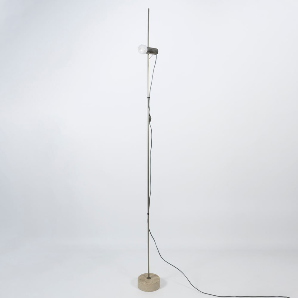 Tito Agnoli (Lima 1931 - Milano 2012): Prod. OLuce, Italy, 1954, h. 193cm., 255 series adjustable floor lamp in nickel-plated metal and travertine base, slight wearsLiterature: G. Gramigna, Repertorio del design italiano 1950-2000,