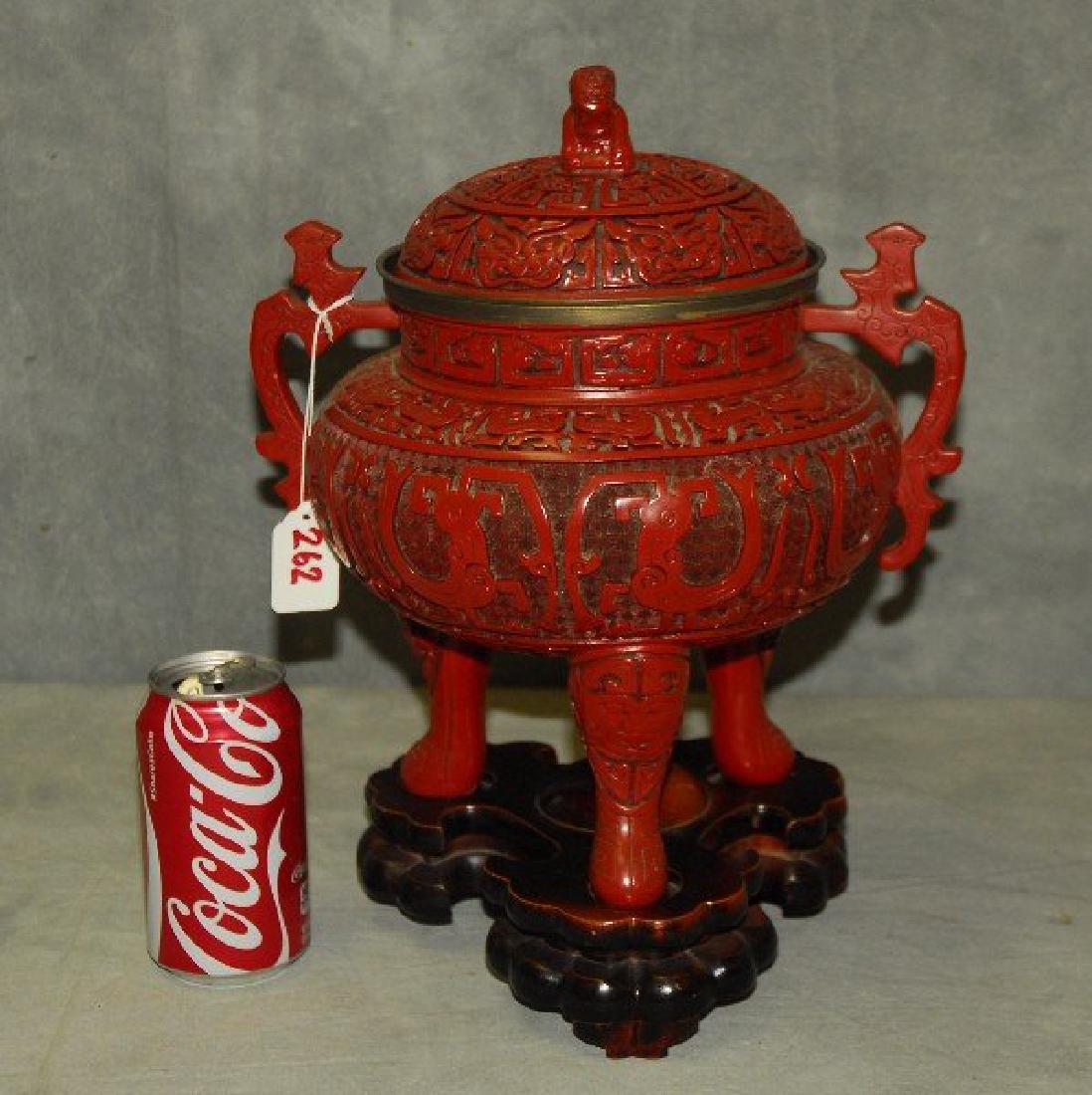Large chinese cinnabar censor on wood stand. H:14" (1 of 4)
