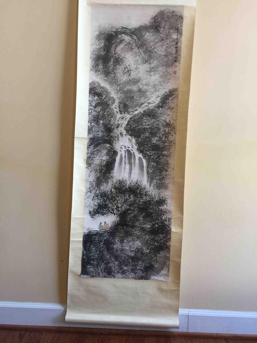A Chinese scroll painting of mountain and waterfall: A Chinese scroll painting of mountain and waterfall