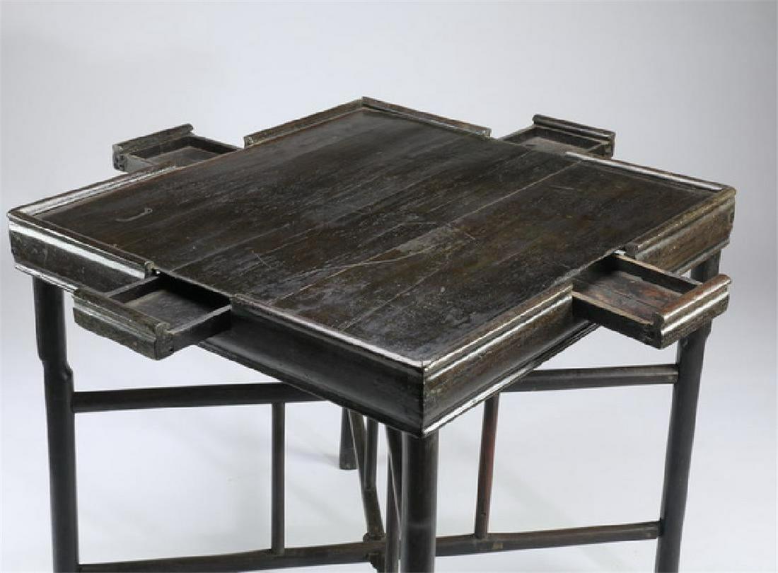 Asian Chinese Zitan hardwood portable games table: Chinese hardwood portable games table ï¼Œ he table with square top surmounting pull-out drawers and rising on hinged legs, 31"h x 32"sq (80*80cm)